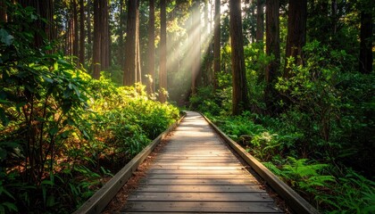 Obraz premium Sunbeams path through redwood forest
