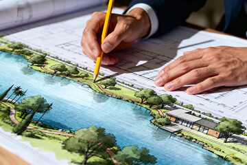 landscape designer reviewing blueprint with pencil, architectural and tree patterns visible, focused on creative planning and detailed design process.Generated by AI
