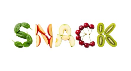 Vibrant spinach, apple, cherry, and kiwi create a fresh snack food typography concept for healthy eating and wellness promotions