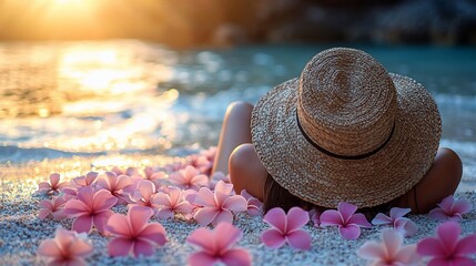 Relaxed woman on beach at sunset, surrounded by flowers