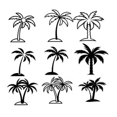 Fototapeta premium Collection of nine stylized black and white palm tree icons and silhouettes representing tropical island vegetation and summer vacation themes perfect for graphic design and web use