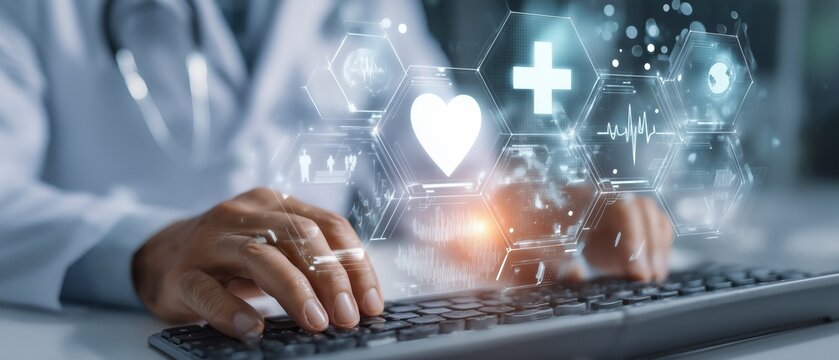 A doctor uses a keyboard while interacting with digital health icons, showcasing modern healthcare technologies for better patient care.