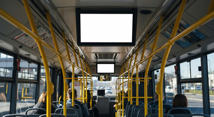 Public transport bus interior with blank digital screens