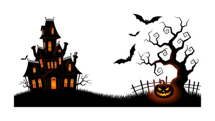 Spooky Halloween House: A shadowy silhouette of a haunted house and a gnarled tree with carved pumpkins, creating a chilling atmosphere for Halloween night.