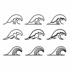 Obraz premium Collection of stylized black and white line art wave icons representing different ocean water movement and cresting crests for design elements and nautical themes