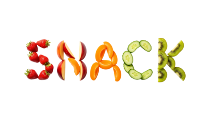 Colorful and refreshing 'SNACK' text made with fresh strawberries, peach slices, apricots, cucumbers, and kiwi fruit for a healthy eating concept