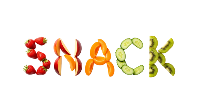 Colorful and refreshing 'SNACK' text made with fresh strawberries, peach slices, apricots, cucumbers, and kiwi fruit for a healthy eating concept