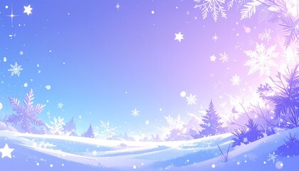Winter wonderland scene with snowflakes, pastel colors, and frosted trees