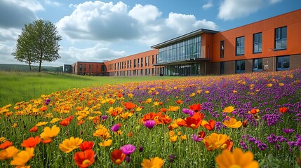 Vibrant Picturesque Landscape: Colorful Flower Field (Yellow/Orange with Purple/Pink) & Modern Building Against Rolling Hills, Blue Sky & Fluffy Clouds