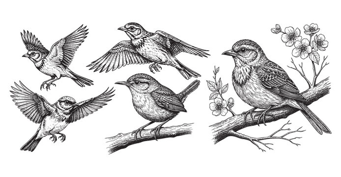 lark bird flying with branch, flower blossom engraving vector style set bundle engraving vector style