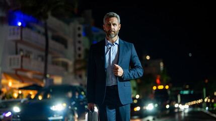 Fototapeta premium Boss business man finish late. Successful businessman at night city street. Businessman in suit. Hispanic businessman outdoor. Business success. Successful business man after work. Big city success