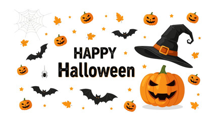 Halloween Imagery: Spooky bats, carved pumpkins, witch's hat, and spiderweb create the perfect festive mood for Halloween, evoking a sense of fun and frightful celebration.