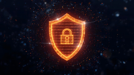 Futuristic cybersecurity concept with a glowing shield and padlock icon on a digital binary code background representing data protection and network safety