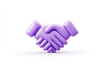Fototapeta premium A stylized, 3D render of two hands clasped in a handshake. The hands are a vibrant light purple, and appear simple and rounded. Isolated on a bright white background