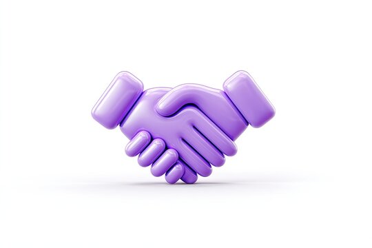 A stylized, 3D render of two hands clasped in a handshake.  The hands are a vibrant light purple, and appear simple and rounded.  Isolated on a bright white background
