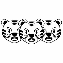 Three cartoon tiger heads with open mouths and bared teeth in a line black and white outline drawing simple graphic style representing fierceness and power