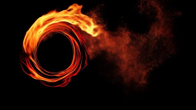 Two fiery abstract forms - a swirling ring and a flaming orb - on black backdrop