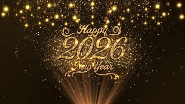 Happy New Year 2026 Handwritten Animated Text in Gold Color Particles. for ceremonies, greetings, celebrations, banners Flyer. Animated. New Years Eve celebrations invitations social media graphics.