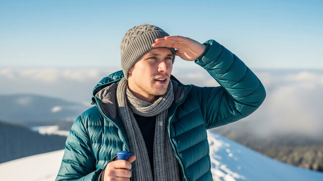 Young man looking out at a stunning snowy mountain landscape on a clear winter day
