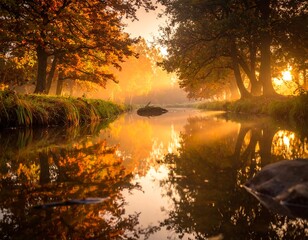 Autumnal stream reflecting golden trees