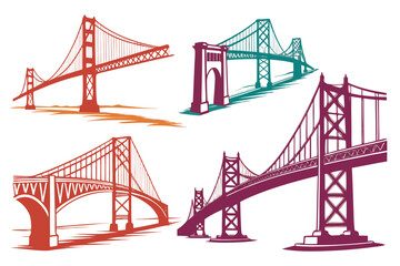set of Bridge over river silhouette vector isolated on white background