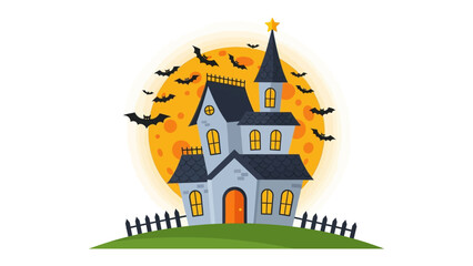 Spooky Mansion in Moonlight: An illustrated haunted house stands silhouetted against a giant orange moon, with bats swirling around the ominous spire of the house, setting a chilling.