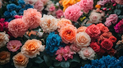 Vibrant & Dense Close-Up of Various Blooming Flowers: Roses & Dahlias in Pink/Peach/Orange/Red/White/Yellow/Bright Blue, with Depth from Sharp & Blurred Blooms