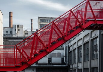 A modern red metal staircase bridges a courtyard between industrial buildings, showcasing a striking contrast of color and structure.