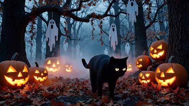 black cat roaming spooky halloween forest with pumpkins - Powered by Adobe
