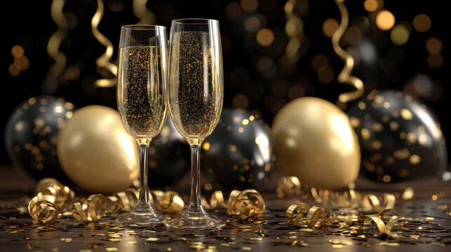 Fototapeta Two champagne glasses filled with sparkling wine are surrounded by gold and black balloons and confetti, creating festive celebration atmosphere