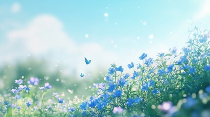 Serene Blue Flower Field with Butterflies