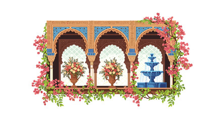 Elegant Moorish Architecture with Floral Accents: A Decorative Illustration Featuring Arches, Flowers, and a Fountain for Cultural and Artistic Designs