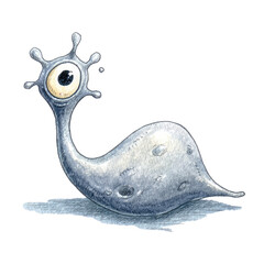 A light gray, stylized, alien creature with a large eye and a long neck