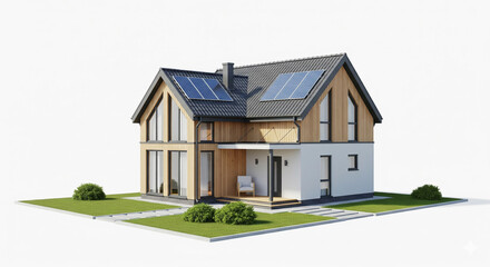 Modern Detached House with Solar Panels on Roof and Green Garden on Isolated transparent background