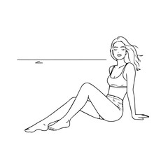 Black and white line art of a beautiful woman relaxing by the beach minimalist peaceful illustration