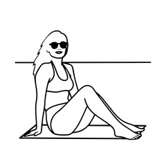 Black and white line art of a beautiful woman relaxing by the beach minimalist peaceful illustration