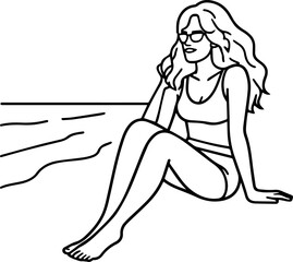 Black and white line art of a beautiful woman relaxing by the beach minimalist peaceful illustration