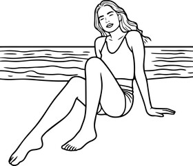 Black and white line art of a beautiful woman relaxing by the beach minimalist peaceful illustration