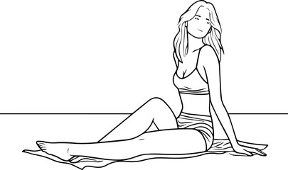 Black and white line art of a beautiful woman relaxing by the beach minimalist peaceful illustration