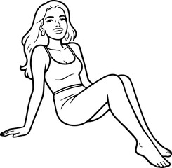 Black and white line art of a beautiful woman relaxing by the beach minimalist peaceful illustration