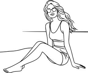 Black and white line art of a beautiful woman relaxing by the beach minimalist peaceful illustration