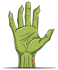 Creepy green zombie hand emerging from ground with clawed fingers and pointy orange nails, cartoon illustration