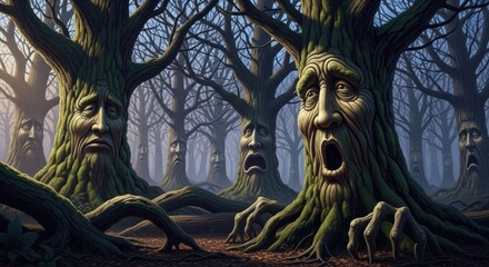 Eerie Anthropomorphic Forest with Expressive Tree Faces and Gnarled Roots, Conveying Mystery and Emotion