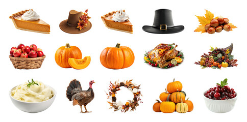 PNG Thanksgiving feast icons collection, element set on transparent background