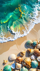 Tranquil seaside beach scene with scattered seashells on sandy shore during low tide, with inviting turquoise ocean and clear azure sky reflecting the serene coastal setting