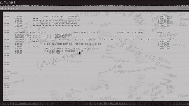 Upon brightening and blurring chalk equations terminal fading and code scrolling showing DB commit