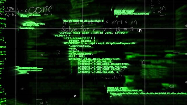 Dark grid initiating cascading neon code, merging math, glitching display illustrating data flow