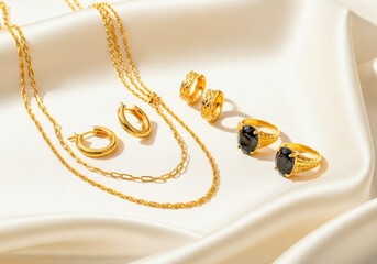 Gold jewelry set with diamond ring earrings and pendant necklace on silk cloth