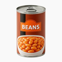 Close up of canned beans in tomato sauce served in a white bowl on white background.