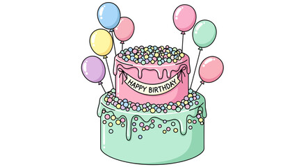 A whimsical two-tier birthday cake illustration with pastel frosting, colorful sprinkles, and balloons.